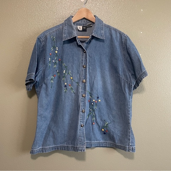 Studio West Denim Embroidered Button Up Shirt- Large - Picture 1 of 9